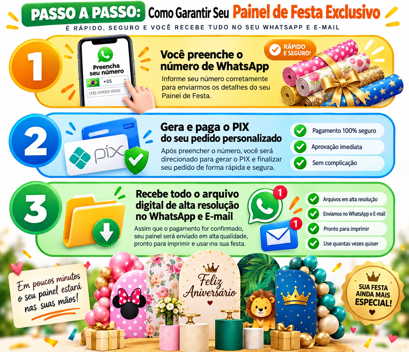 Passo a passo de como você recebe seu painel de festa: preenche o número de WhatsApp, gera e paga o PIX e recebe o arquivo digital de alta resolução no WhatsApp e e-mail