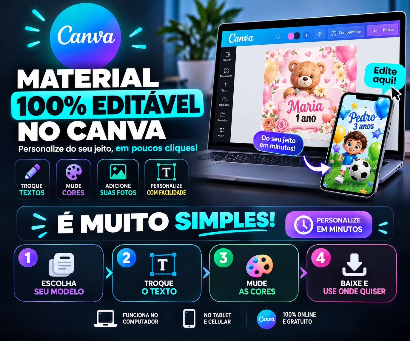 Material 100% editável no Canva: troque textos, mude cores, adicione suas fotos e personalize em minutos